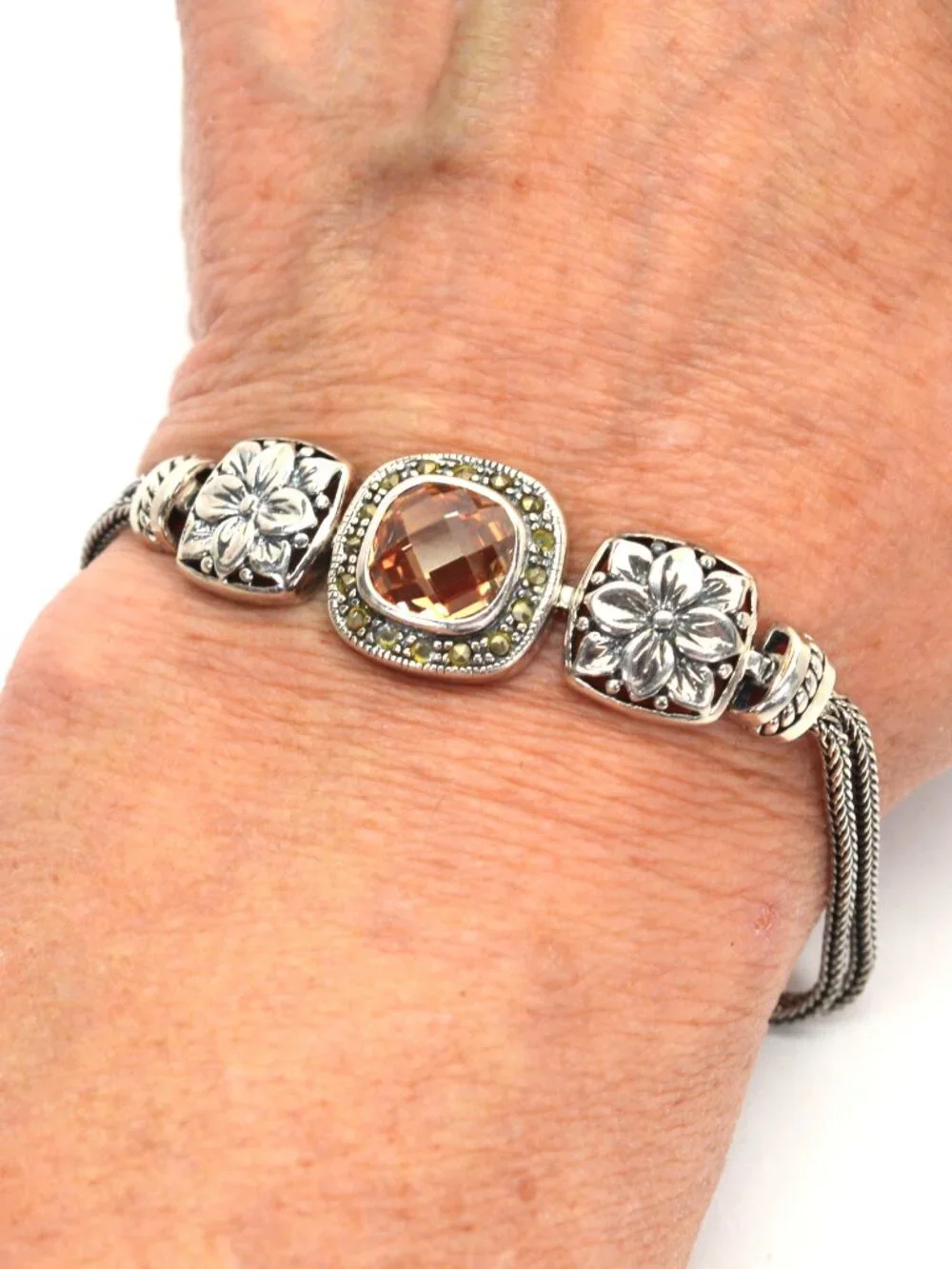 Bali Naga Artisan Crafted Sterling Silver Bracelet w Champagne Quartz